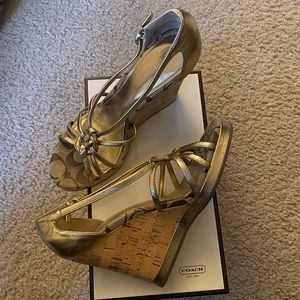 Coach - cork wedge - gold and strapped shoe.